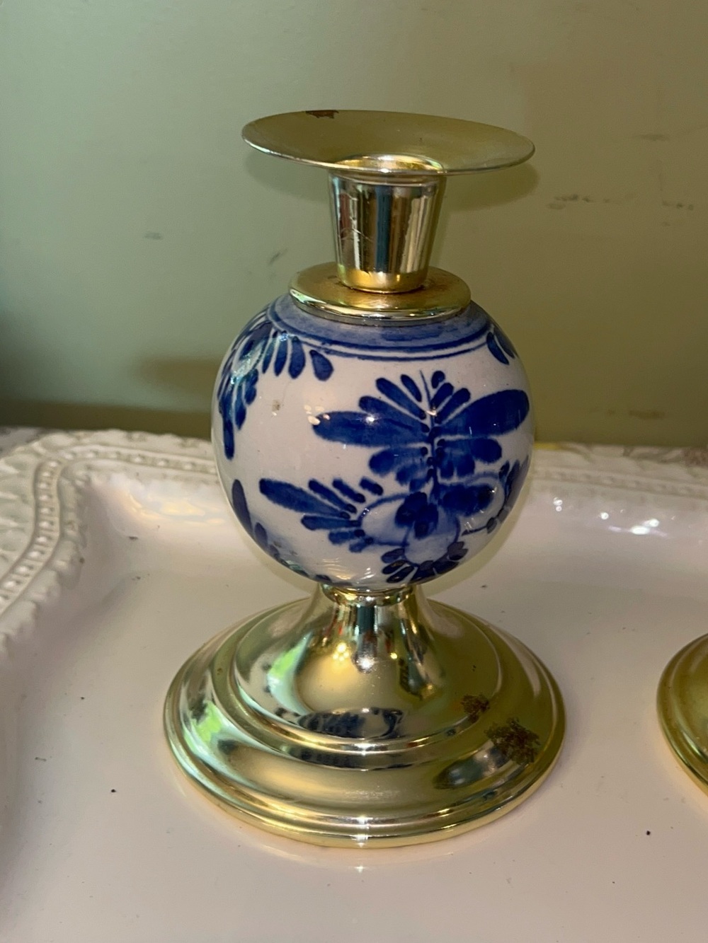 Brass and Blue Floral Globe Candle Holders - Set of 2 - Picture 4 of 11